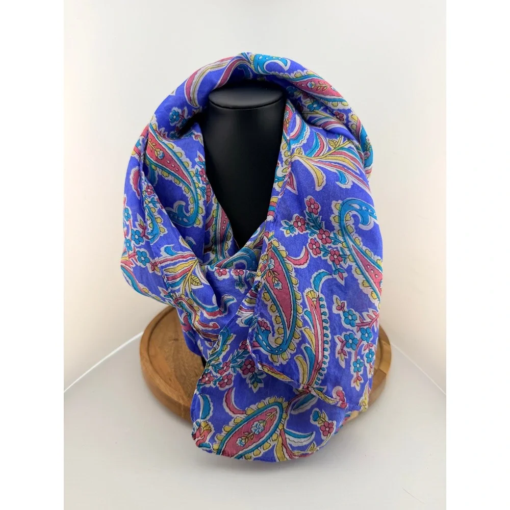 Vintage Washington Gallery Silk Scarf Paisley Floral Blue Pink Preppy Luxury